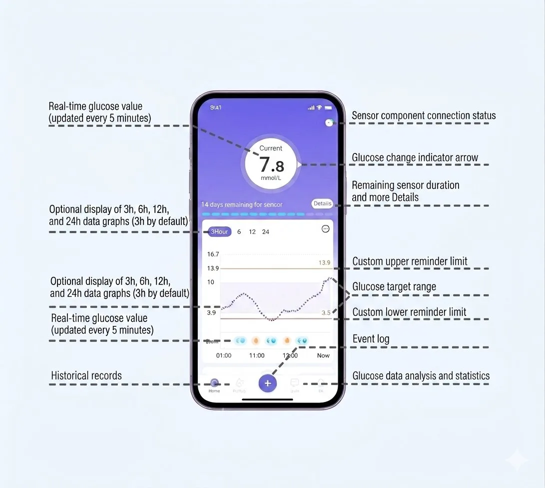 Annotated overview of the EverChek CGM patient app on a smartphone. Labels highlight: real-time glucose value (updated every 5 minutes) showing 7.8 mmol/L with trend arrow; sensor component connection status; glucose change indicator arrow; remaining sensor duration and details; optional display of 3h/6h/12h/24h data graphs (3h by default); custom upper and lower reminder limits; glucose target range; event log; historical records; and glucose data analysis and statistics.