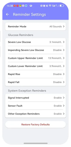 High and low glucose alert configuration on EverChek CGM app