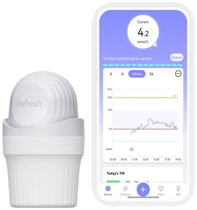 EverChek continuous glucose monitoring system with mobile app showing real-time glucose data