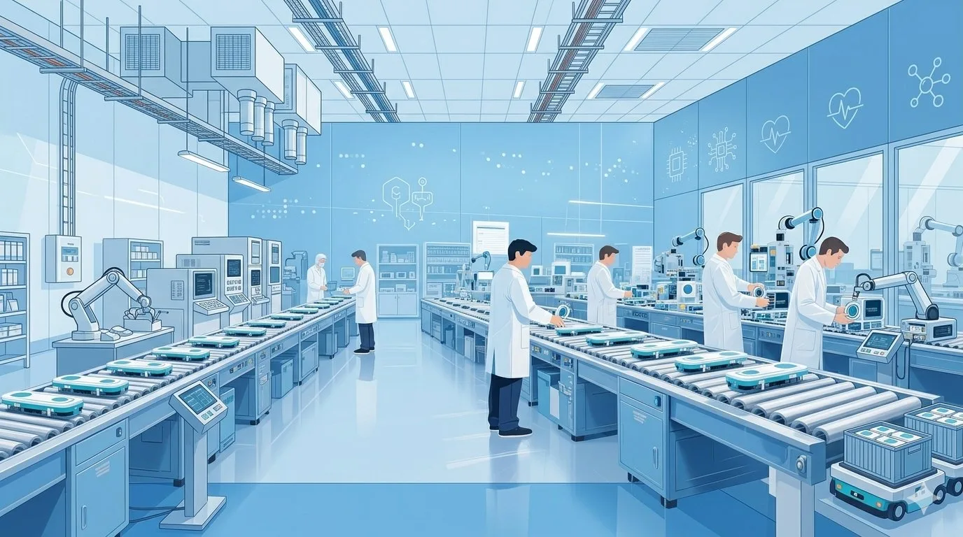 Medical manufacturers assembling CGM components on local production line